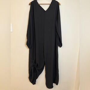 Black V neck jumpsuit with roll up leg button tab SZ XL